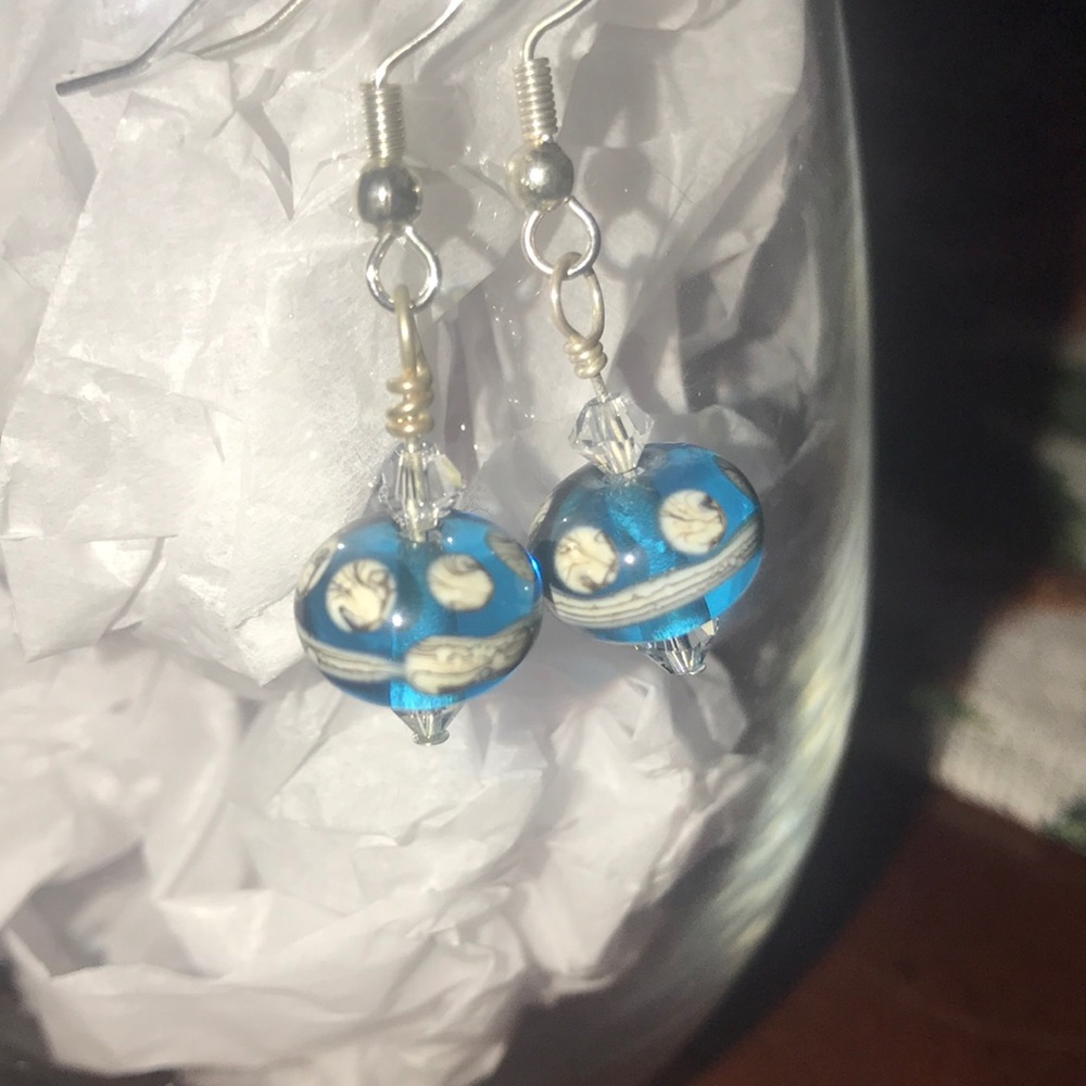 Blue Handmade Lampwork Glass Dangle Earrings